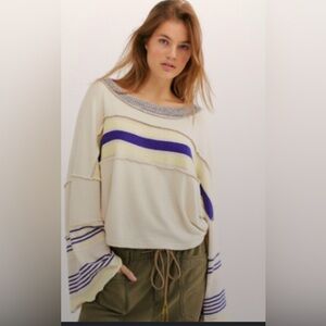 We The Free Ziggy Retro White Crop Blue Yellow Stripes Long Sleeve Tee Size Med